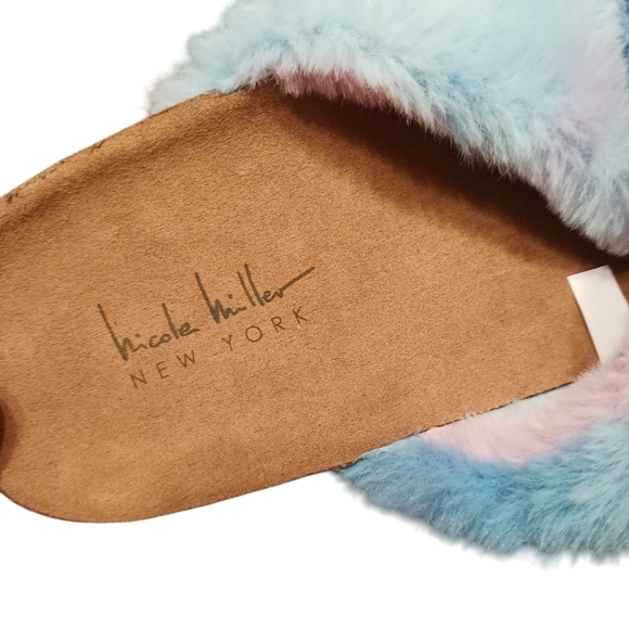 Nicole Miller Tie Dyed FAUX  FUR Rainbowish  Fluffy Slides Ladies 8 Cotton Candy - Picture 3 of 6